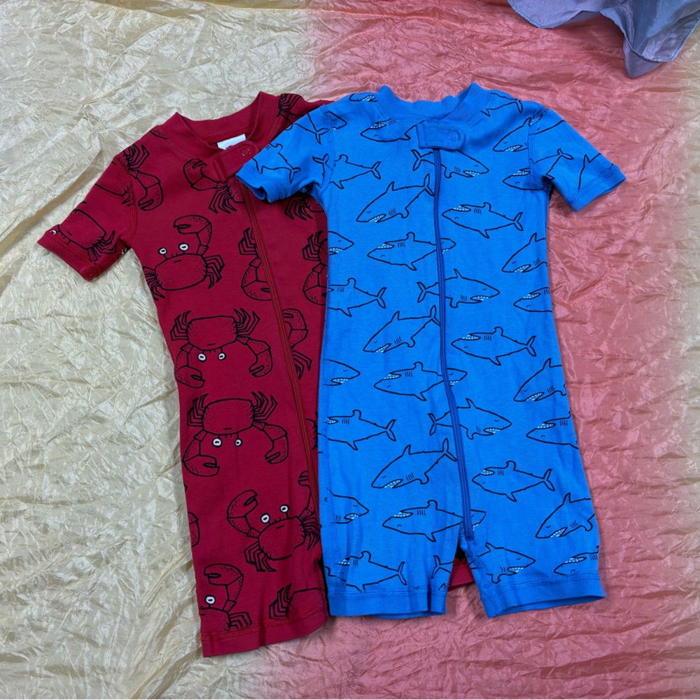 Hanna Andersson Red Crab & Blue Shark Short-Sleeve Pajama Romper Set